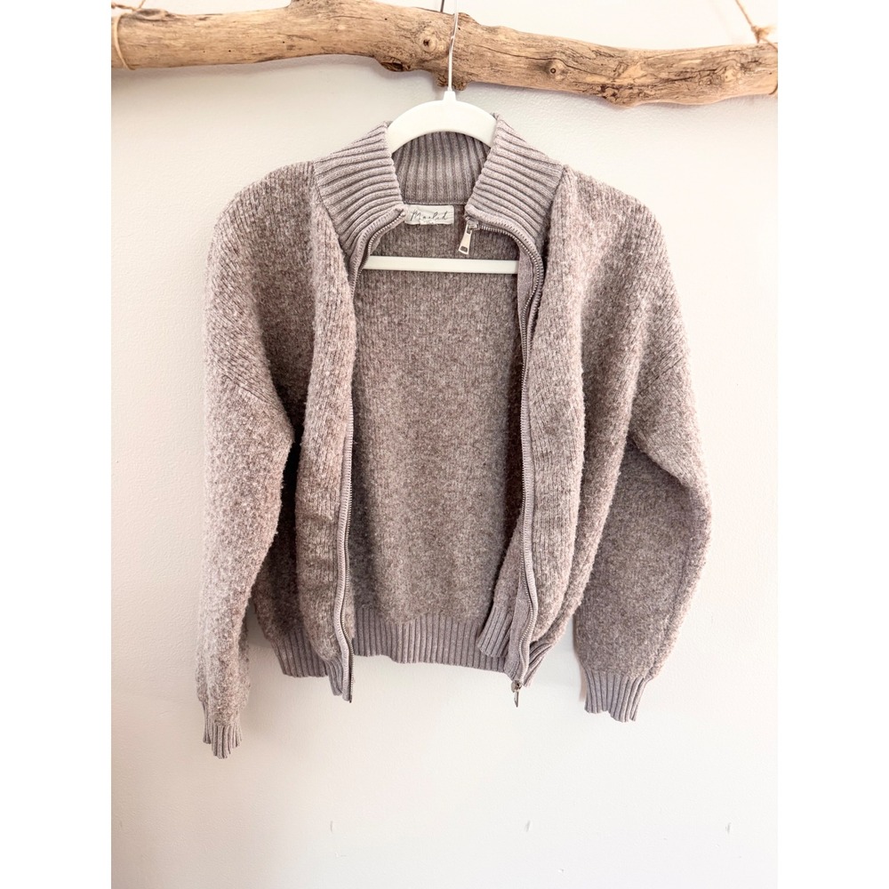 Marled Mock Neck Full Zip Cardigan Sweater Taupe Brown Wool Blend Small